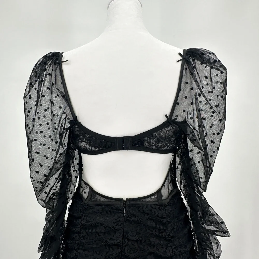 For Love & Lemons Black Lace Polka Dot Corset Sheer Ruched Mini Dress Womens L - Picture 6 of 11